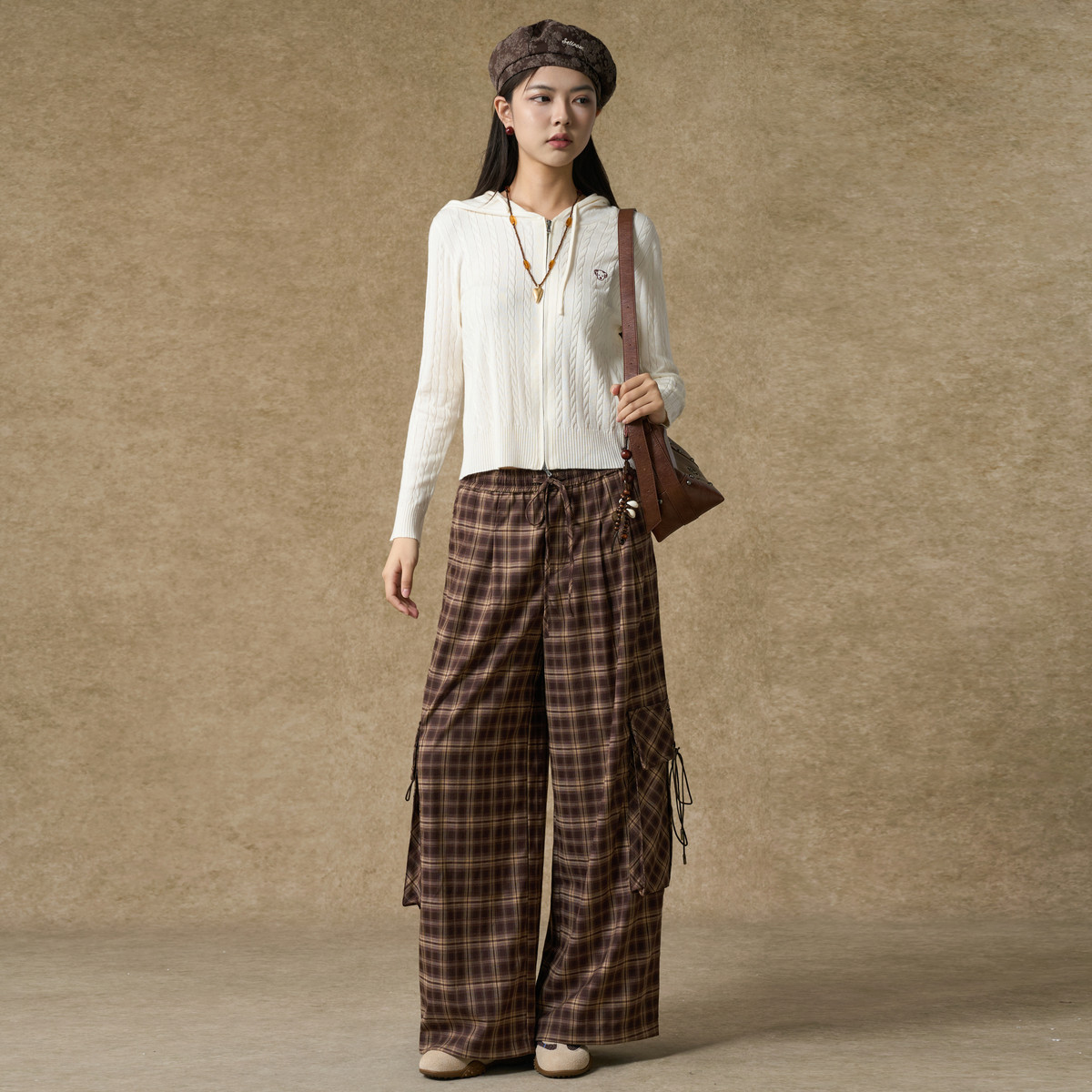西町村屋潮流阔腿裤女装2025秋季新款休闲风抽绳格子裤XAAC10325,淘宝优惠券,粉丝福利购,淘宝优惠卷