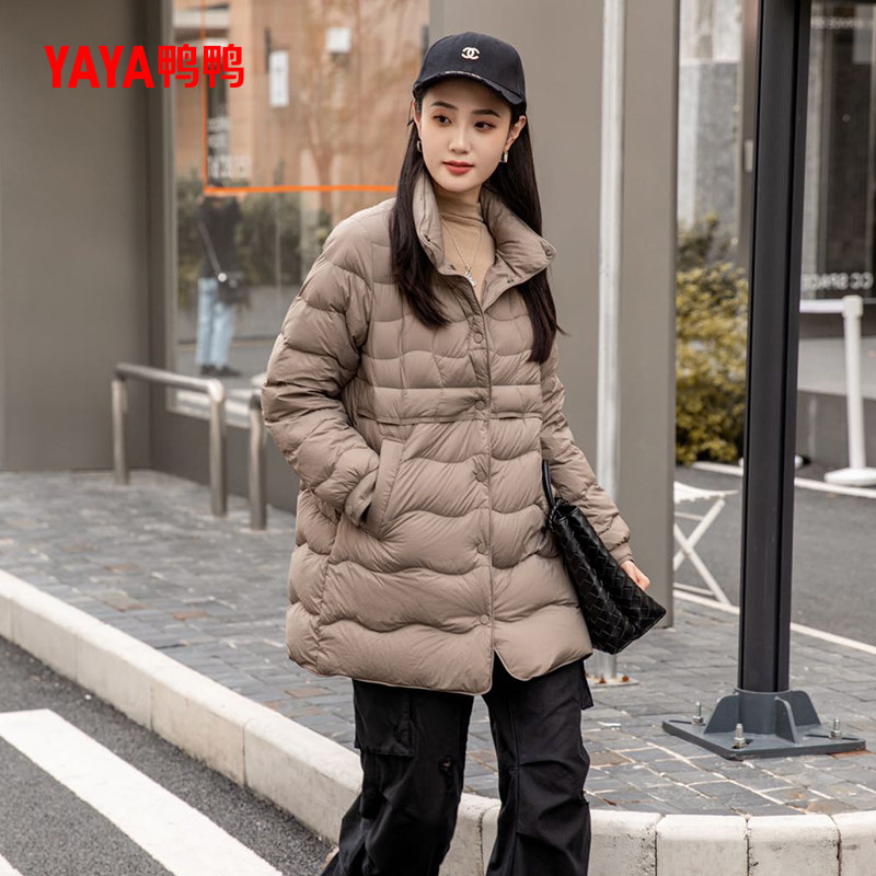 鸭鸭2024年冬季新款单排扣衬衫领轻薄羽绒服女中长款气质休闲宽松