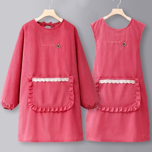 韩版时尚新款厨房做饭围裙灯芯绒耐磨上班工作服餐饮专用罩衣长袖 - 图1