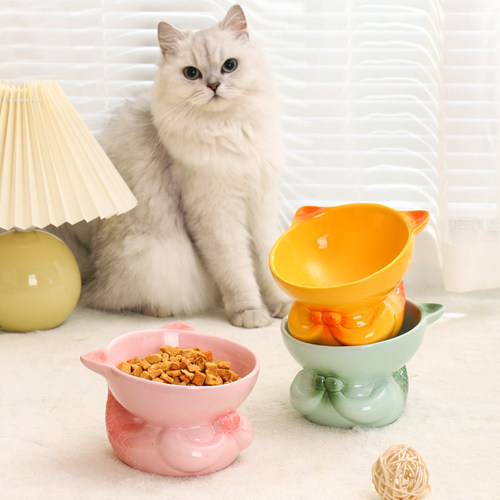 黑色猫咪喝水碗陶瓷猫碗猫食盆可爱高脚狗狗碗宠物碗猫盆防黑下巴 - 图2