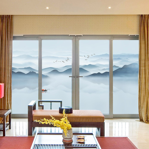 磨砂贴膜新中式山水玻璃贴纸客厅推拉门窗户防窥防走光透光不透明 - 图3