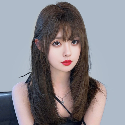 假发女长发直发锁骨头套式仿真人发丝自然圆脸中长发全头套假发套 - 图2