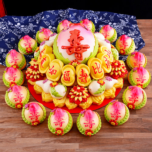 寿桃馒头生日老人中式蛋糕贺寿礼品祝寿馒头胶东花饽饽花馍礼盒 - 图1