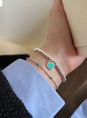 925银蓝色爱心手链经典款滴油银珠链闺蜜手链时尚时尚银饰6百搭