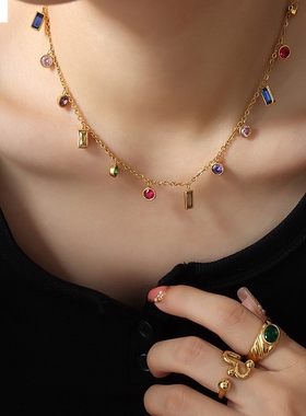 韩系个性风潮小众流行多彩锆石金方块流苏项链手链首饰套装百搭