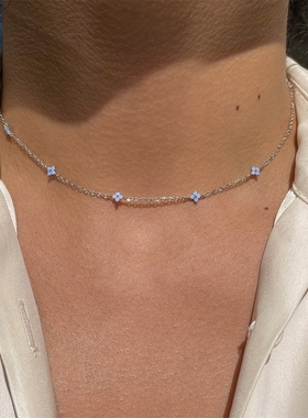 跨境新品蓝色花朵项链风 铜镀真金项饰首饰 小众气质锁骨链百搭