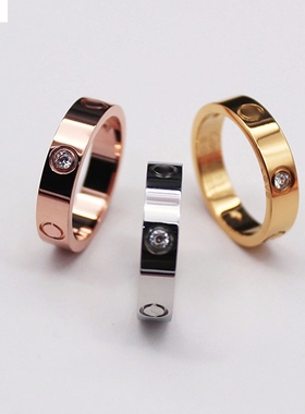 厂家潮流一字钉镶钻戒指钛钢情侣宽版对戒时尚玫瑰金手饰百搭