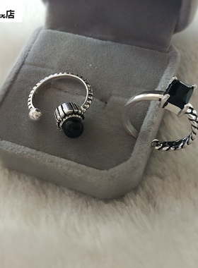 时尚简约黑色方形锆石戒指女复古做旧气质开口指环嘻哈时尚食百搭