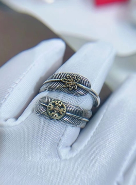 镀泰银925银复古印第安羽毛双色戒指男女个性简约开口食指指百搭