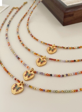 新品简约彩色锆石串珠滴油蝴蝶项链女时尚气质闪亮彩虹锁骨链百搭