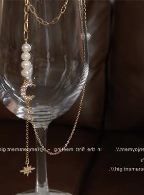 法式高级感~锆石微镶镀14K项链淡水珍珠手作设计锁骨链芒星饰品
