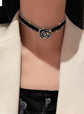 韩国气质黑色水晶玫瑰花朵项链女时尚设计短款锁骨链颈链网红百搭