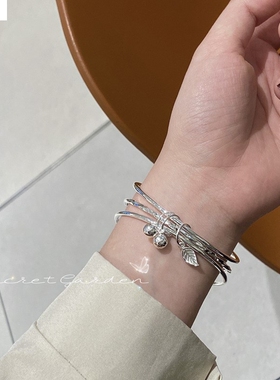香港正生银传承银手镯女银细手镯简约三环铃铛叶子三百搭