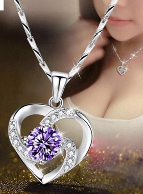 菲鸿新款锁骨日百搭心形吊坠 镀925银镶钻蓝宝石项链女百搭