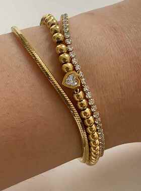 欧美叠戴串珠爱心手链套装女不锈钢设计感简约网球链高级手链