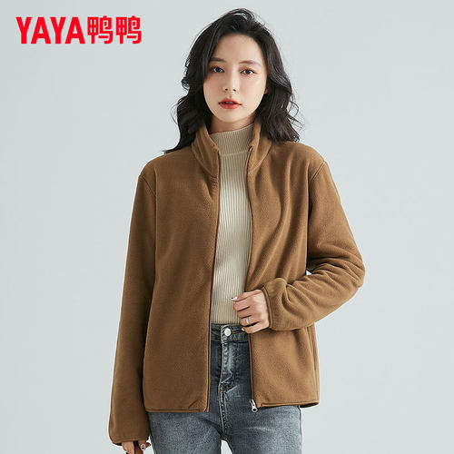 鸭鸭2026年摇粒绒外套女春秋新款抓绒百搭运动黑色上衣抓绒衣开衫 - 图1