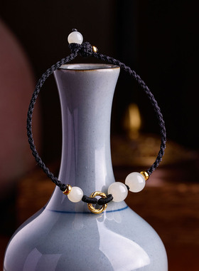 925银镀金平安扣和田玉红绳手链