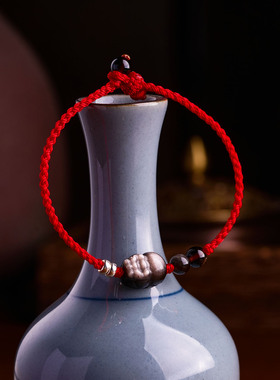 天然银曜石聚财貔貅红绳手链