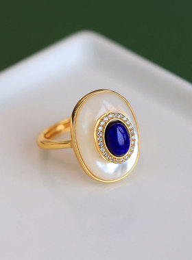 时尚青金石蛋面复古中国风镶嵌贝壳珍珠高级开口可调节戒指女