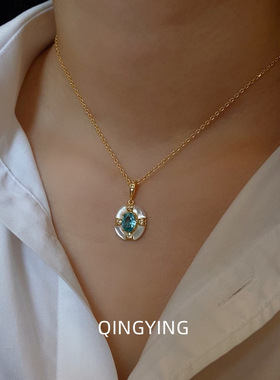 复古轻奢天然贝母宝石项链女小众高级感椭圆叠戴海蓝色锁骨链颈链