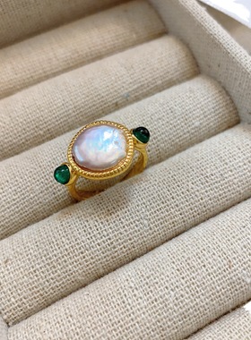 古典美vintage复古小众古希腊醒狮币戒指 做旧绿猫眼石重工女开口