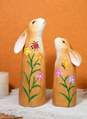 创意复活节木刻对兔套装北欧家居户外花园装饰树脂工艺品摆件