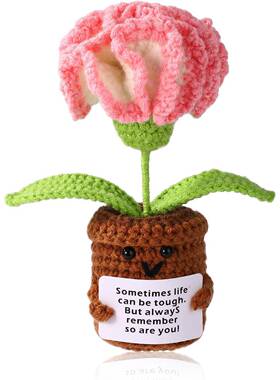成品手工钩织向日葵康乃馨毛线盆栽带情感卡片家居摆件礼物