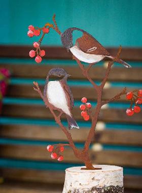金属铁彩绘山雀和浆果花园艺术黑帽山雀动物小鸟剪影家居装饰摆件