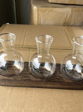 创意水养绿萝植物花瓶木底座水培透明玻璃花器办公室客厅桌面摆件