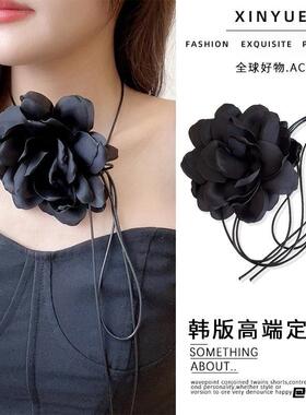 复古夸张超大黑白色花朵晚宴花朵系带项圈颈带束颈链配饰