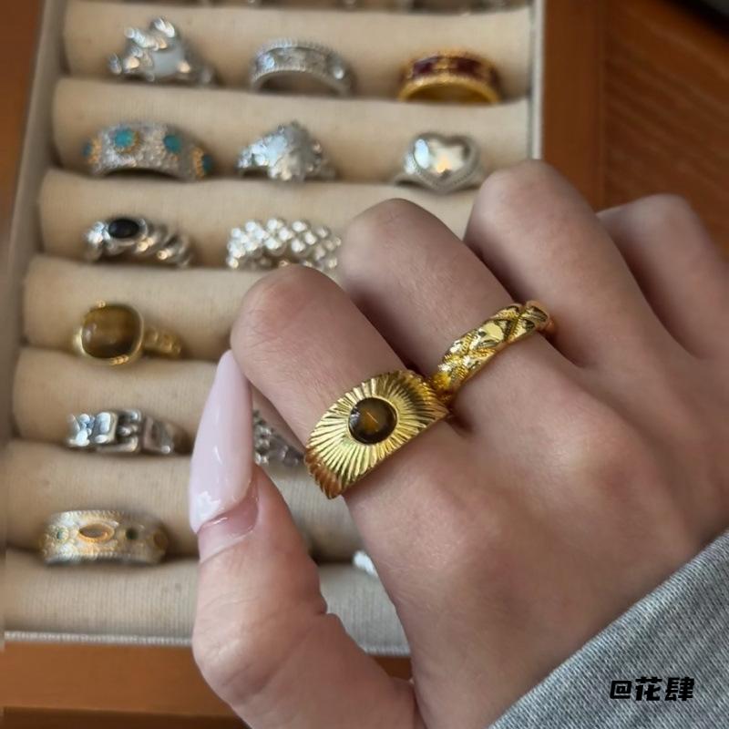 Imitation Tiger Eye Stone Maillard Retro Open Ring Autumn and Winter Retro Maillard Personalized Imitation Tiger Eye Stone Open Ring