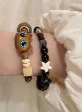 小众设计情侣手串生日礼物甜酷小猫手串暗黑猫猫头手链黑色个性