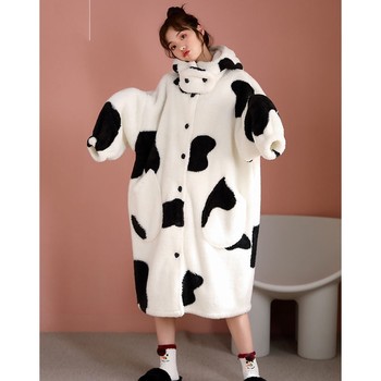 Cow Pajamas ດູໃບໄມ້ລົ່ນຂອງແມ່ຍິງແລະລະດູຫນາວ Coral Flannel ງາມນັກສຶກສາລະດູຫນາວ Thickened Plush Pullover ເຄື່ອງນຸ່ງຫົ່ມເຮືອນ