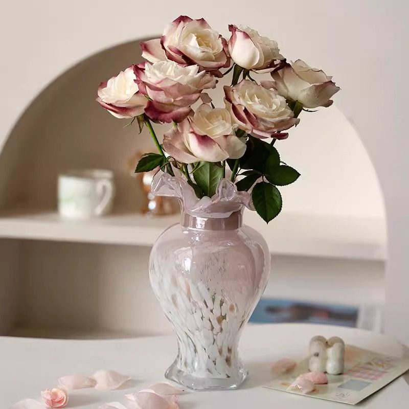 ins风粉色芬顿玻璃花瓶中古人鱼姬琉璃花器插花水养装饰法式浪漫,淘宝优惠券,粉丝福利购,淘宝优惠卷