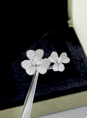 S925纯银 三叶草开口戒指双花戒指轻奢高级感经典百搭均码