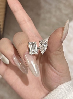 S925纯银双生石梨形水滴大方糖钻戒开口戒指小众优雅气质欧美