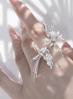 银蕊有尘香 铜镀925银原创设计花蕊小众开口戒指礼物指环可调节