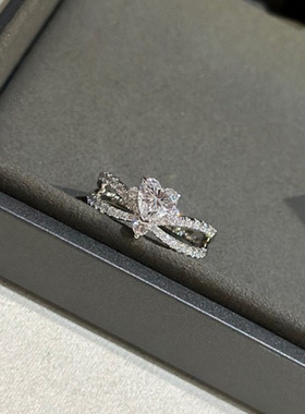 S925银仿真钻高级感精工心形交叉满钻戒指珠宝工艺直播专供无