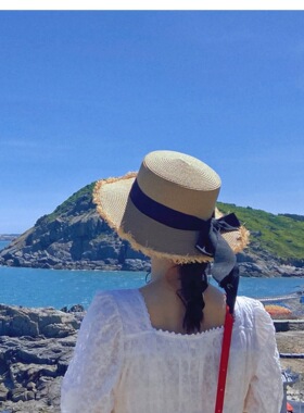 蝴蝶结毛边平顶草帽女夏海边沙滩