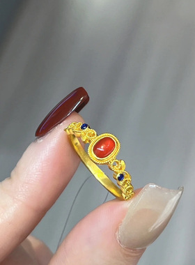 5G黄金色999沙金铜镀金镀18K包金宫廷风仿红玉小宫雀戒指女开口戒