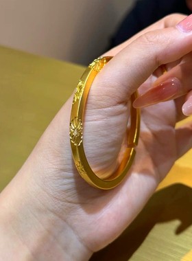 宫廷风古法沙金开口手镯女款黄金色轻奢小众精致手饰送女朋友礼物