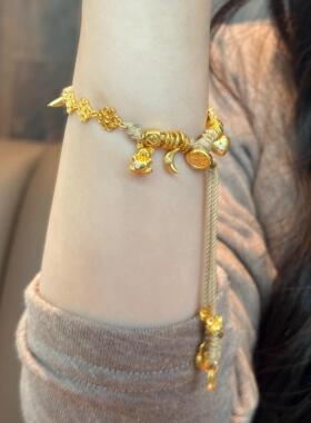 原创古法金越南沙金五帝钱盘缠手链暴富高级感小众编绳星星纳福女