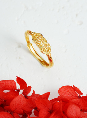 国潮古法沙金戒指复古民族风镀金开口女粗胖手大号铜钱有钱在手戒