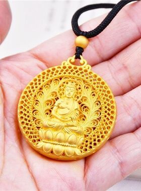 【都在抢】香港正品纯沙金阿弥陀佛吊坠男女简约复古项链送礼佳品