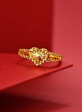 【精品】沙金999真金一心一意爱心金戒指女3D金可调节指环送爱人