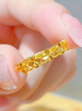 孟加拉赤金镀金沙金小众四叶草戒指女小红书时尚铜镀金幸运草指环