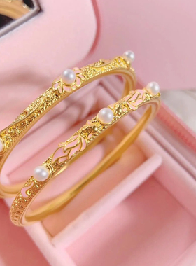 十里红妆蜜粉珐琅沙金高级感锦鲤莲花手镯轻奢小众镯子精致女手环