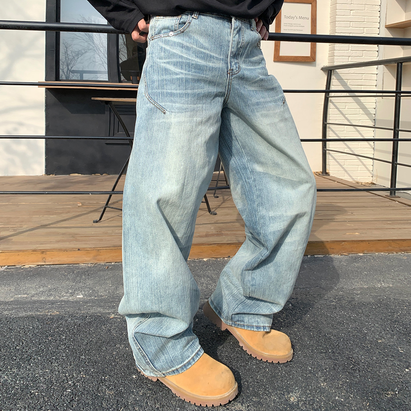 Holocene美式潮牌复古高街重工水洗牛仔裤男冬季宽松显瘦直筒长裤,淘宝优惠券,粉丝福利购,淘宝优惠卷