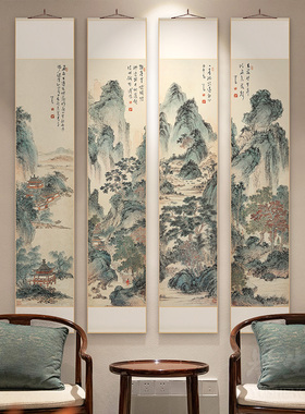 溥心畬山水国画中式卷轴挂画竖版玄关走廊过道装饰画餐厅书房壁画
