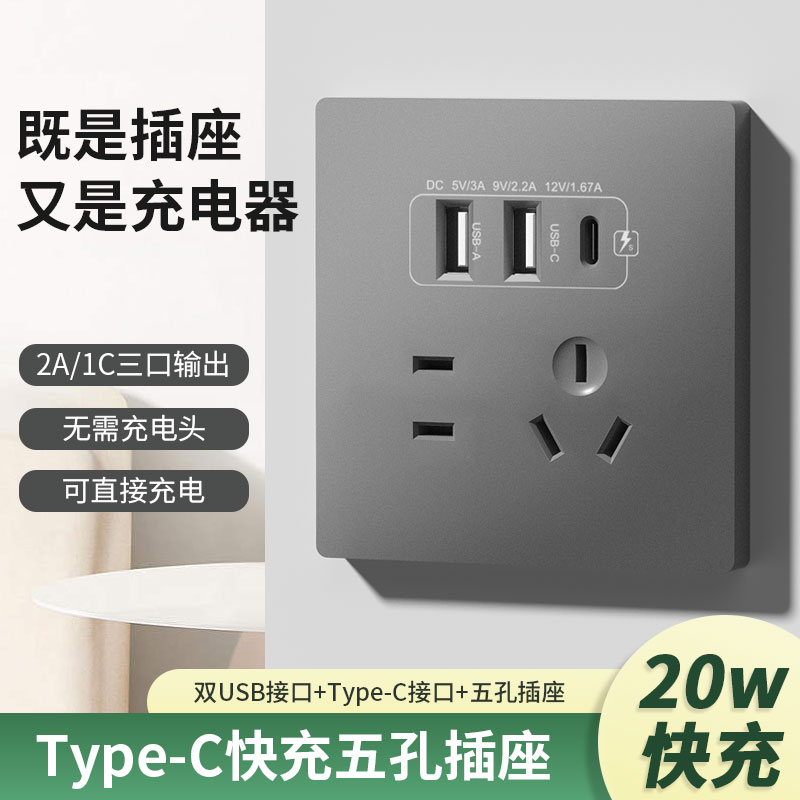 国际电工家用86型五孔USB type-c多口快灰色手机充电开关插座面板 - 图1